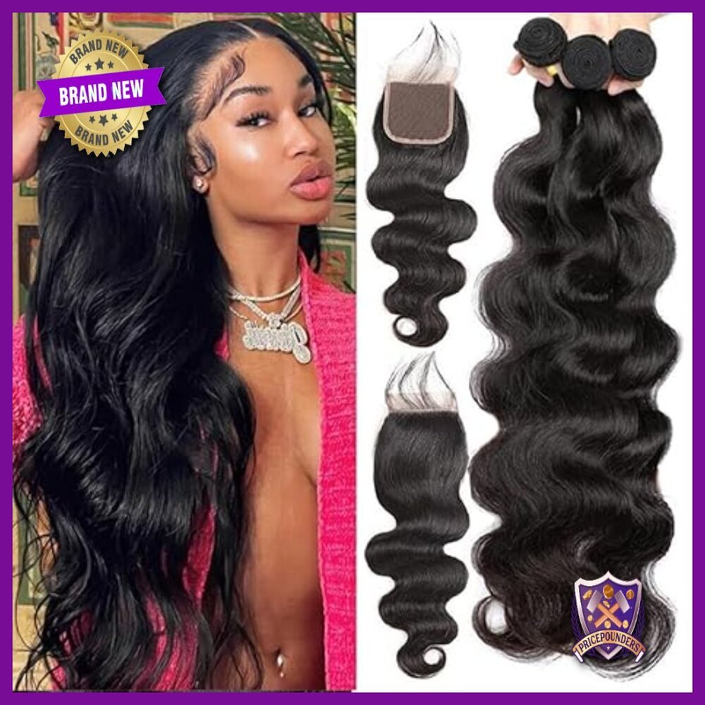 100% Brazilian Virgin Human Hair Body Wave Bundles with 4x4 Lace Closure